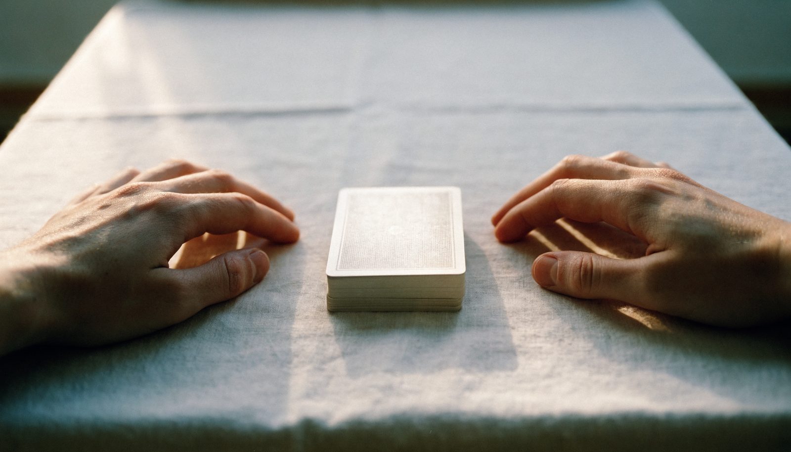 Deux mains posées à plat de part et d'autre d'un jeu de cartes fermé, en pleine lumière du jour